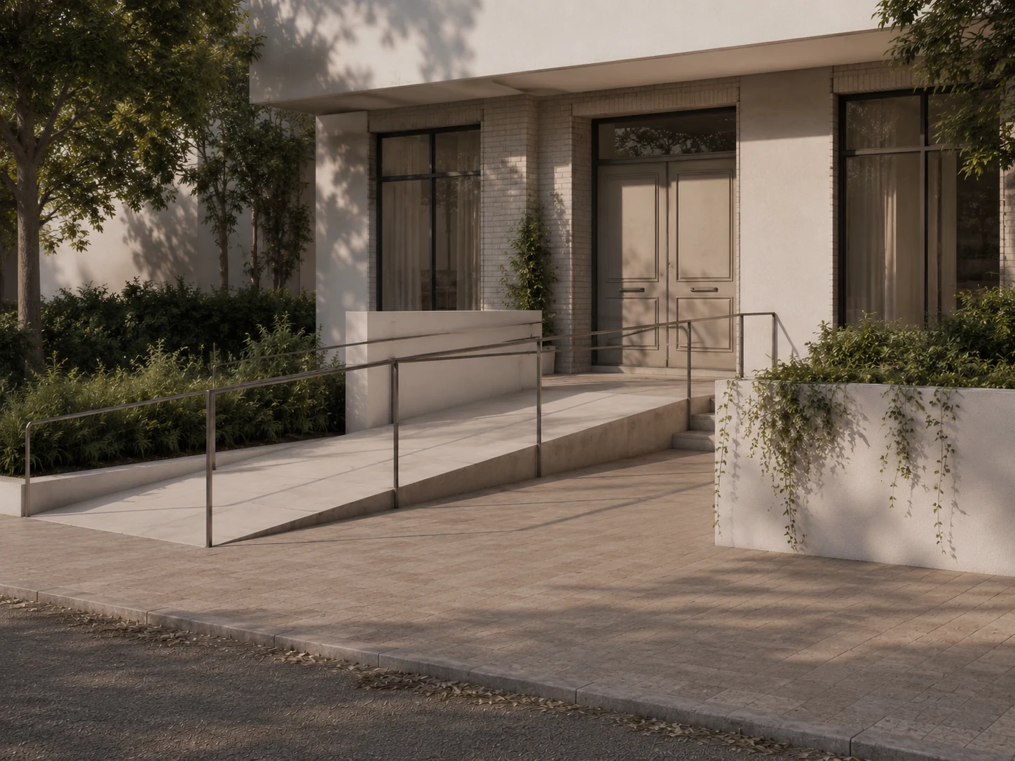Acceso accesible con rampa integrada en edificio residencial