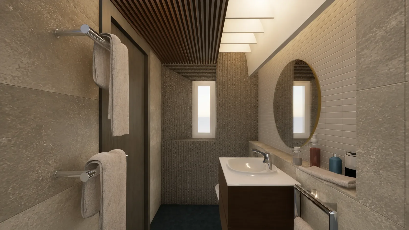 Detalle de baño con revestimientos pétreos y madera oscura
